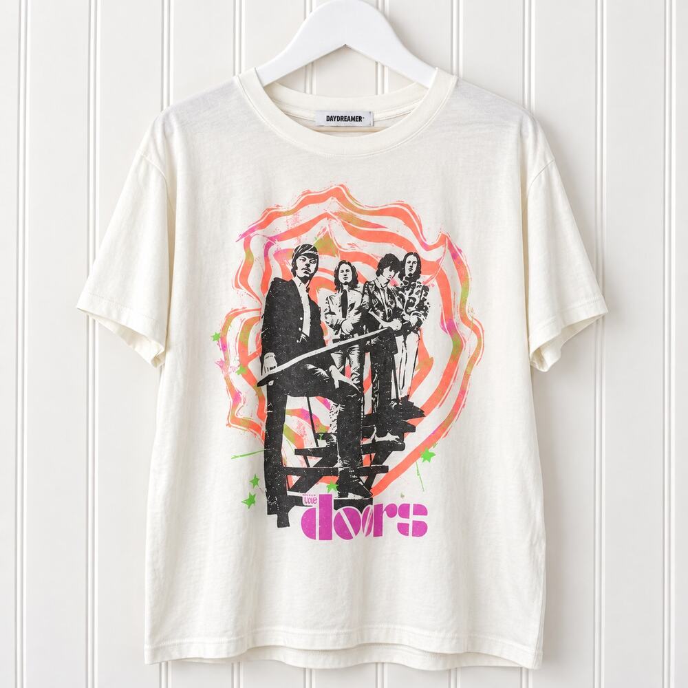 Daydreamer The Doors Spiral Graphic Band Tee Womens Small White NWT Oversized